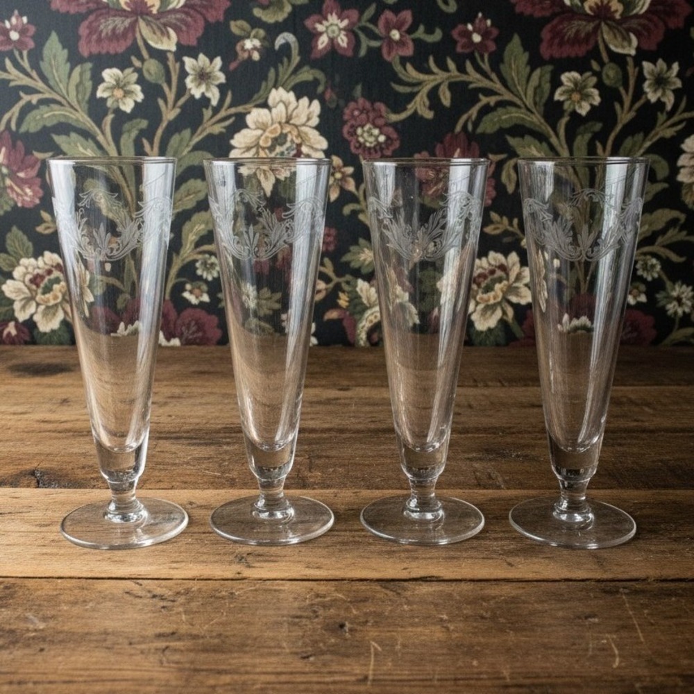 Chintz Etched Pilsner Glasses, Set of 4, Vintage Replacement Barware, Flaw